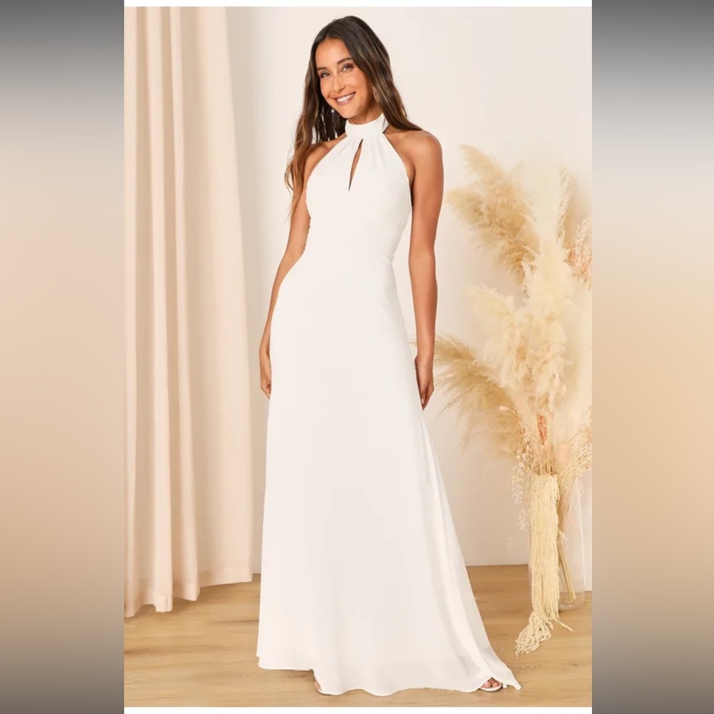 Lulu’s Elegant Glamour White Pleated Halter Cutout Maxi Dress